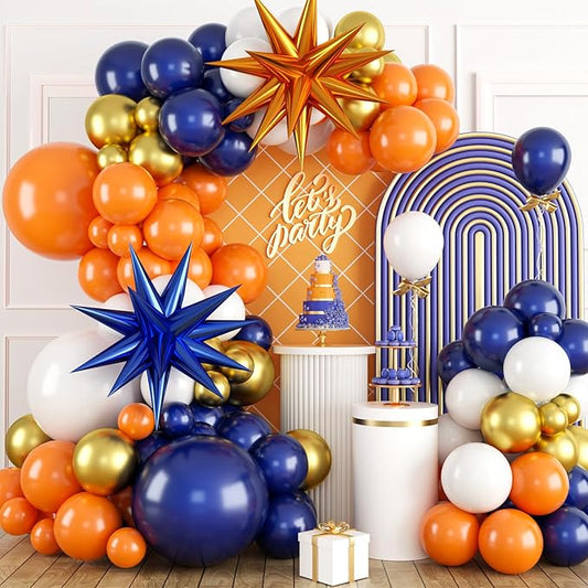 Orange and Blue Balloon Arch Kit, 120 Pcs Navy Royal Dark Blue Gold Orange Balloons Garland Kit with 4D Star Chrome Latex Balloons for Graduation Class of 2025 Thanksgiving Party Decorations