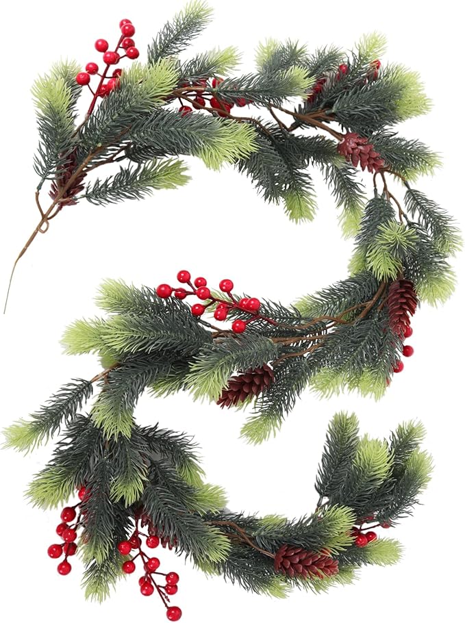 RECUTMS Christmas Garland with Red Berries Decorative Pine Cones and Artificial Holly Berries Artificial Garland for Indoor and Outdoor Greenery Wreath for Holiday Home Table Decor(Light Green)