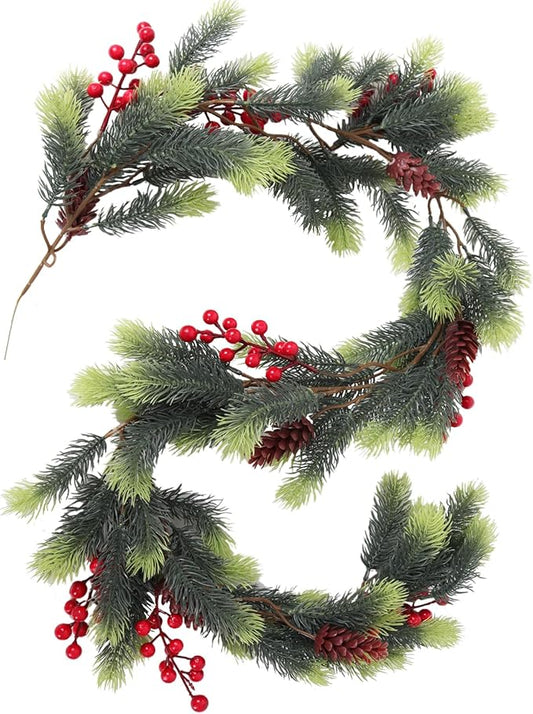 RECUTMS Christmas Garland with Red Berries Decorative Pine Cones and Artificial Holly Berries Artificial Garland for Indoor and Outdoor Greenery Wreath for Holiday Home Table Decor(Light Green)
