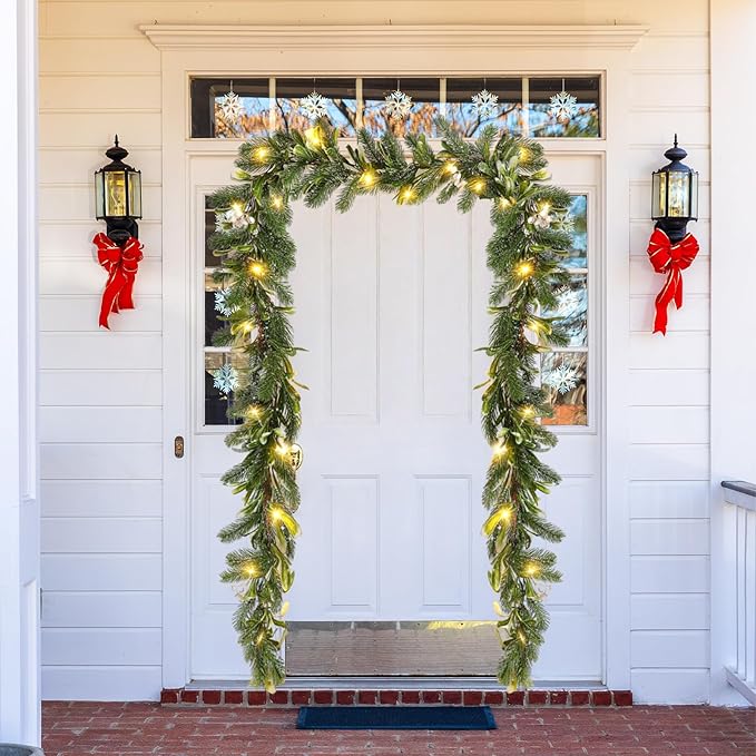 6FT Pre-lit Christmas Pine Garland with Olive Berry,Battery Operated Garlands Xmas with Timer,Faux Greenery Vine for Home Mantle Fireplace Stair Decor