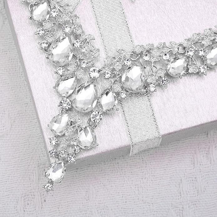 CSY Elegant Crystal Costume Jewelry Sets Flower Bridal Necklace Earrings Stretch Bangle Set for Bride Bridesmaid Wedding Dress Accessories