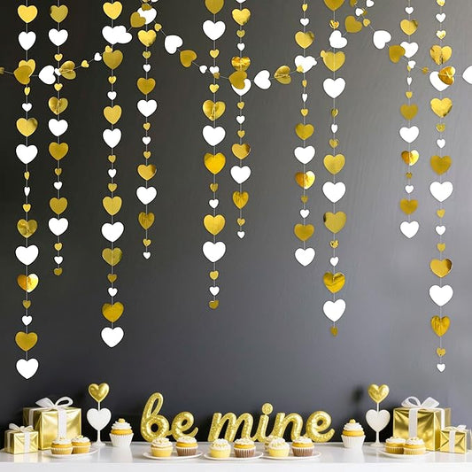 White Gold Heart Garland Hanging Paper Love Heart Streamer Banner for Baptism Engagement Anniversary Valentines Day Birthday Bachelorette Mothers Day Wedding Bridal Shower Party Decorations Supplies