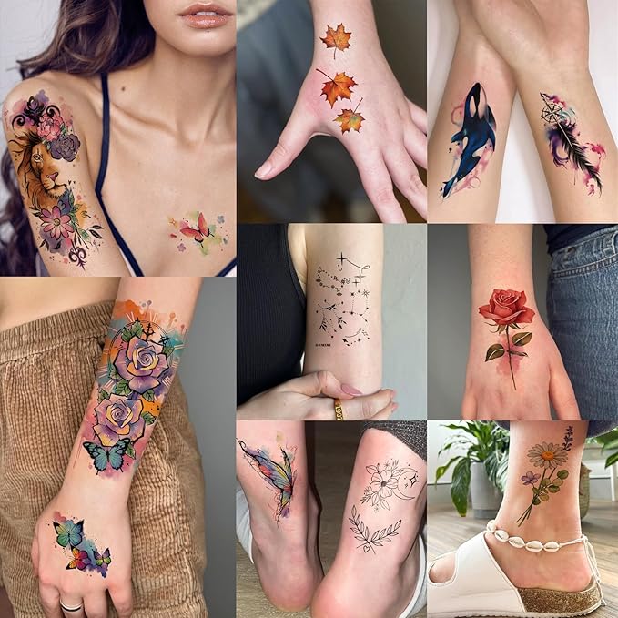 77 Sheets Lion Flower Owl Temporary Tattoo for Women Men, 17 Sheets Half Arm Nature Animal Large Fake Tattoos, 60 Sheets Butterfly Clock Tiny for Adult Kids Christmas Body Tattoos Stickers Realistic
