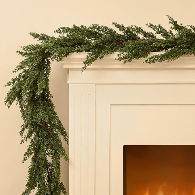 Dingion 2 PCS 9 ft Christmas Cedar Garland - Artificial Realistic Decorations Cedar Pine Needles Faux Garland for Seasonal Holiday Decor - Suitable for Table, Mantel, Stair