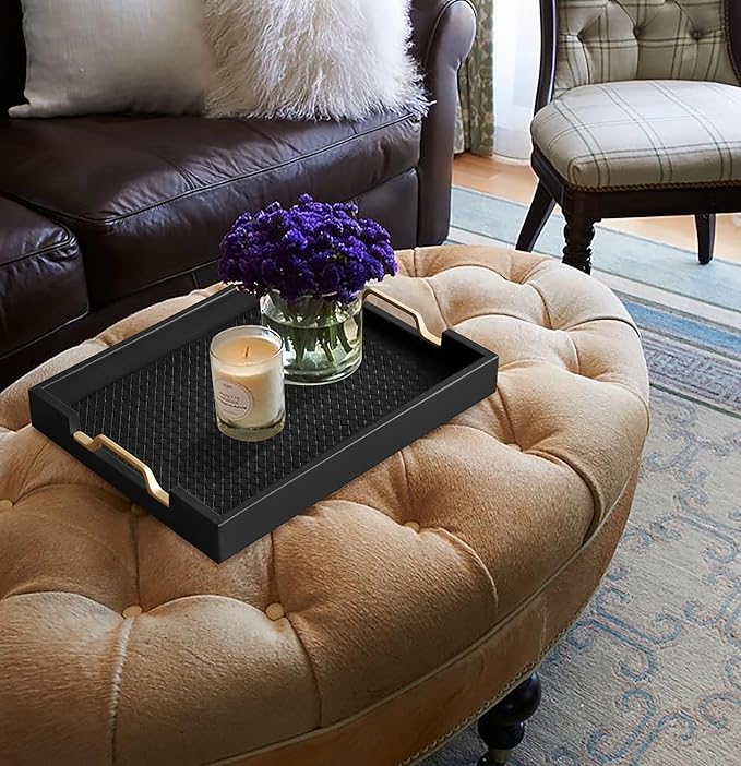 HofferRuffer Faux Leather Rectangle Serving Tray Decor Platter with Gold Metal Handles for Coffee Table, Breakfast, Tea, Food, Countertop, Kitchen, Butler Tray, 16.2 x 12.2 x 2 inches (Classic Black)