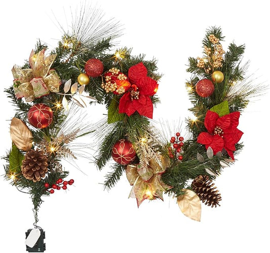 GarveeHome Prelit Christmas Garland for Mantle, 6 ft Battery Operated Xmas Garland with 20 LED Lights Timer Red Gold Balls for Fireplace Stair Railing TV Stand Indoor Outdoor Holiday Decor