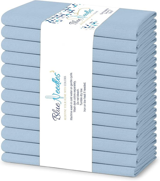Blue Needles Solid Cloth Napkins Set of 12 Ice Blue 100% Cotton Dinner Napkins 18x18 inches - Soft, Reusable, Absorbent & Washable Fall Thanksgiving Linen, Ideal for Events, Parties & Everyday Use