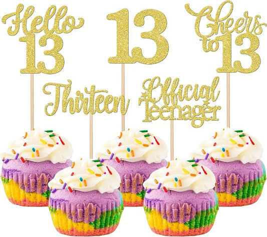 30PCS Happy 13th Birthday Cupcake Toppers Glitter Thirteen Official Teenager Hello 13 Cupcake Picks Cheers to 13 Birthday Decorations for 13th Birthday Anniversary Party Cake Decor Supplies Gold