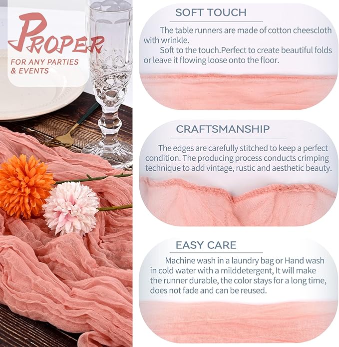 5 Packs Cheesecloth Runner Peach Coral, 35x120 Inch Rustic Gauze Boho Wedding Decoration, 10Ft Table Cloth for Party Bridal Shower