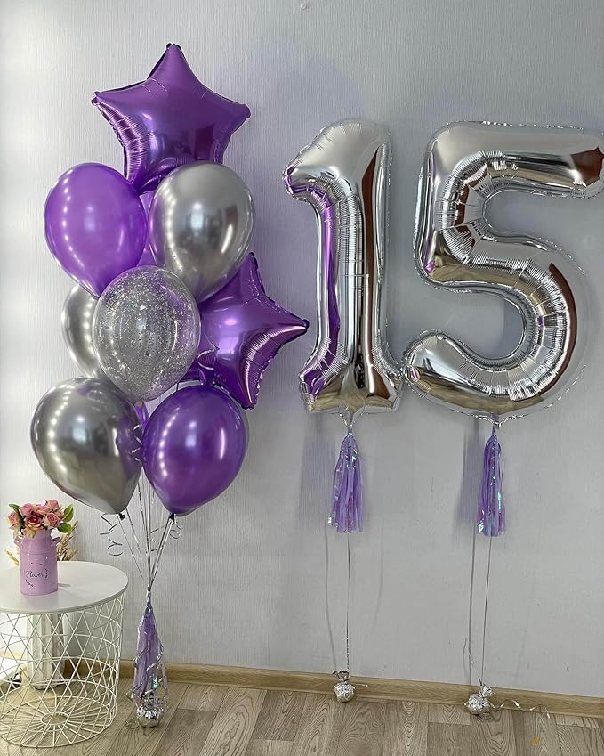 40 Inch Silver 15 Number Balloons Giant 15 or 51 Balloons Silver Birthday 15 Balloons 15th Birthday Anniversary Party Decorations Supplies