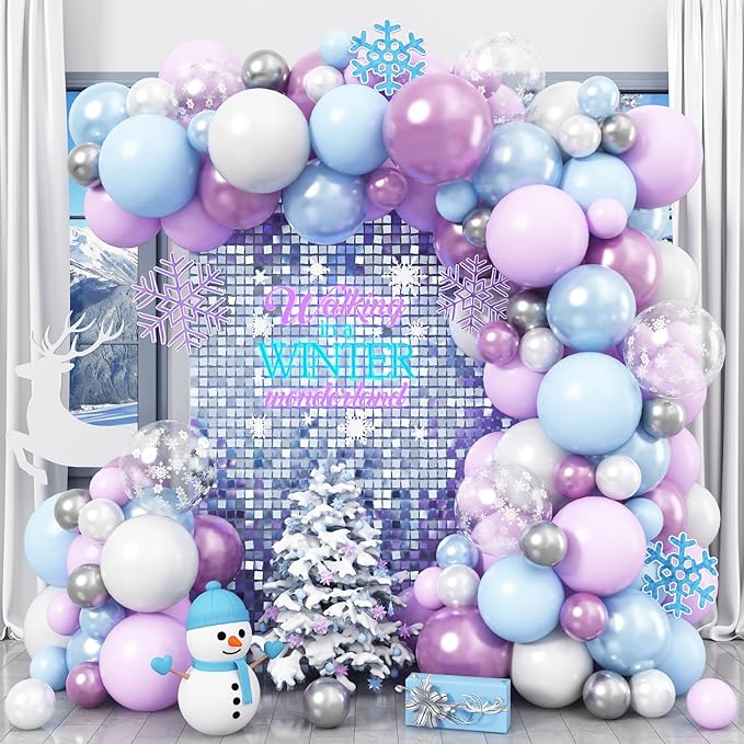 Winter Balloon Garland Arch Kit, 103Pcs Pearl Purple Blue White Metallic Silver Snowflake Latex Balloons Garland for Christmas Winter Wonderland Theme Princess Birthday Baby Shower Party Decorations