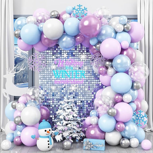 Winter Balloon Garland Arch Kit, 103Pcs Pearl Purple Blue White Metallic Silver Snowflake Latex Balloons Garland for Christmas Winter Wonderland Theme Princess Birthday Baby Shower Party Decorations
