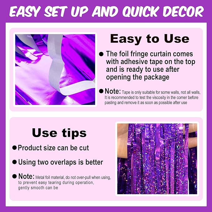 3 Pack Purple Foil Fringe Curtains Backdrop, 3.28 x 8.2 Ft Metallic Streamers Tinsel Curtains Background for Photo Booth, Birthday, Christmas, Halloween, Thanksgiving, New Year Party Decorations