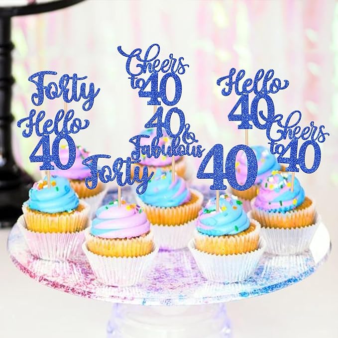 30PCS Happy 40th Birthday Cupcake Toppers Glitter Hello 40 Fabulous Forty Cheers to 40 Years Old Birthday Cupcake Picks for Happy 40th Birthday Anniversary Party Cake Decorations Supplies Blue