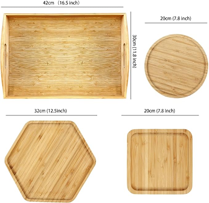 Bamboo Serving Trays Cutting Boards 16.5"x11.8"（42x30cm with Handle, Set Includes 0.63"(1.6cm) Thick Plates Hexagon 12.5"(32cm)+Square 7.8"(20cm)+Circle 7.8"(20cm) for Family Dinner Time