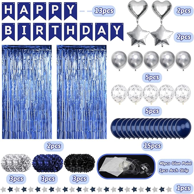ZERODECO Birthday Party Decorations for Men, Black Navy Blue Silver Happy Birthday Banner Pompoms Balloon Arch Fringe Curtain Party Décor for Men Boys Women Girls Party Decorations Kit
