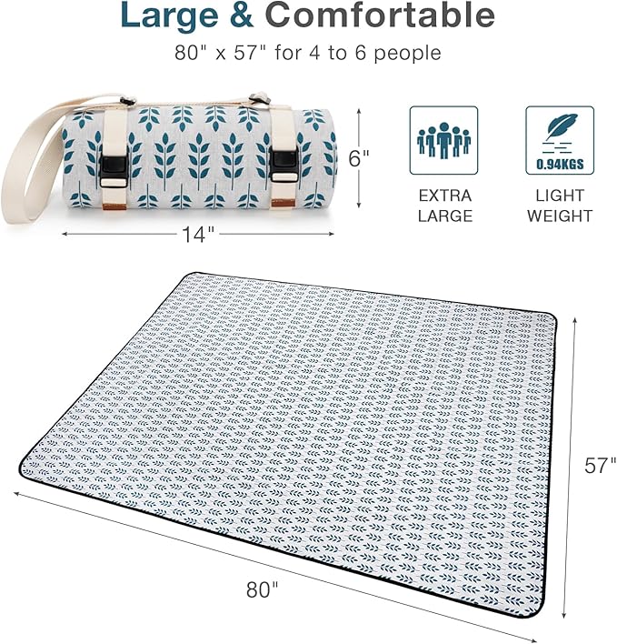 Picnic Blankets Washable | Beach Mat Sand Free Waterproof | Camping Blankets | Emergency Blankets | Picnic Baskets Accessories with Waterproof Backing and Shoulder Strap - Blue
