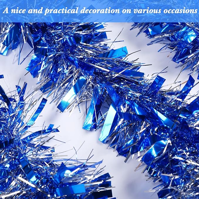 Dilunave 40 Feet Christmas Tinsel Garland Metallic Foil Twist Tinsel Garland Decoration for Christmas Tree, Wedding, Birthday and Party Hanging Decorations(Silver, Light Blue)