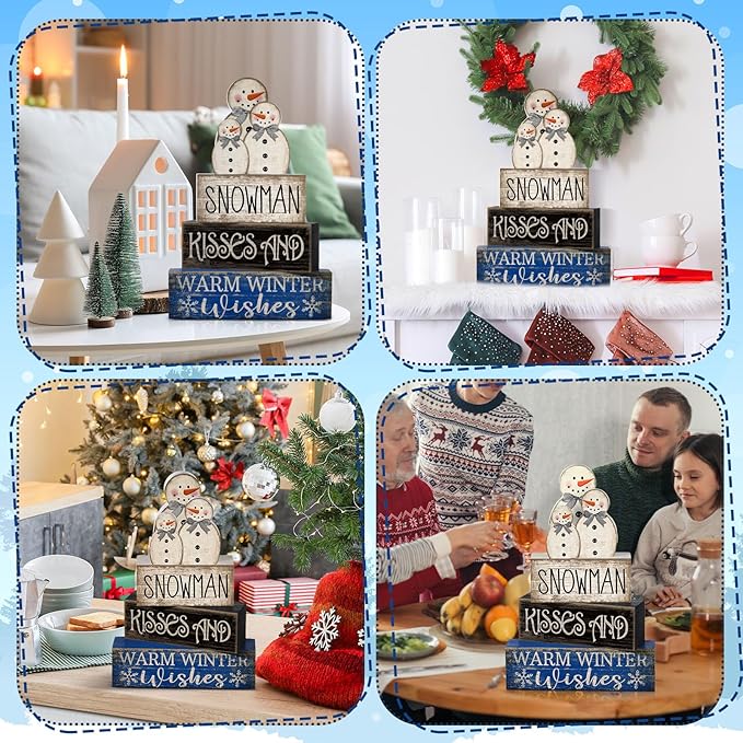 4 Pcs Christmas Table Decor Winter Snowman Wooden Table Decorations Rustic Signs Tiered Tray Decor Wood Farmhouse Vintage Ornaments Winter Christmas Gift for Kitchen Home Desk