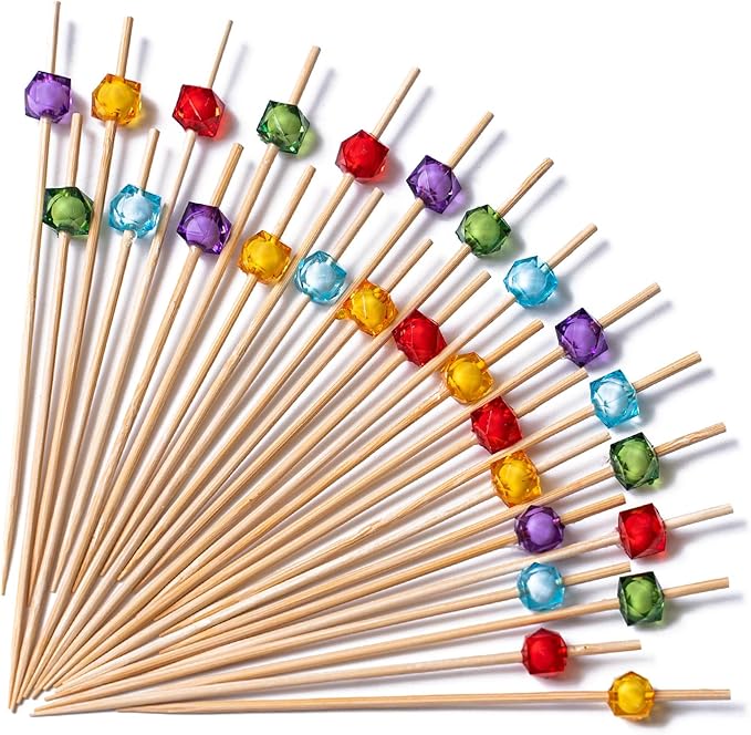 PuTwo Cocktail Toothpicks 300 Counts Cocktail Picks Handmade Natural Bamboo Cocktail Sticks with Cube Beads End Eco-Friendly Appetizer Skewers for Cocktail Appetizers Fruits Dessert - Multicolor