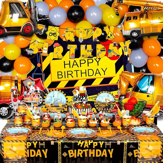 175 PCS Construction Birthday Party Supplies, Construction Party Decorations, Dump Truck Party Decorations Includes Balloons, Backdrop, Banner, Tablecloth, Plates, Napkins, Cake Toppers