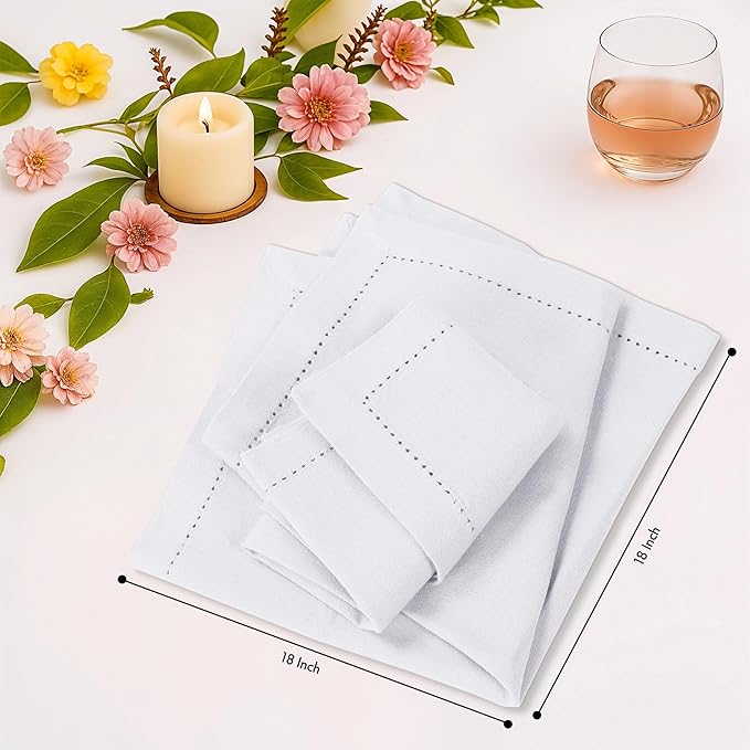 Ruvanti Cloth Napkins - 100% Cotton Dinner Napkins, Hem Stitched Corners, 18x18 Inch, 12 Pack - Soft, Absorbent, Durable, Reusable, Wrinkle Resistant for Formal Dining & Everyday Use - White