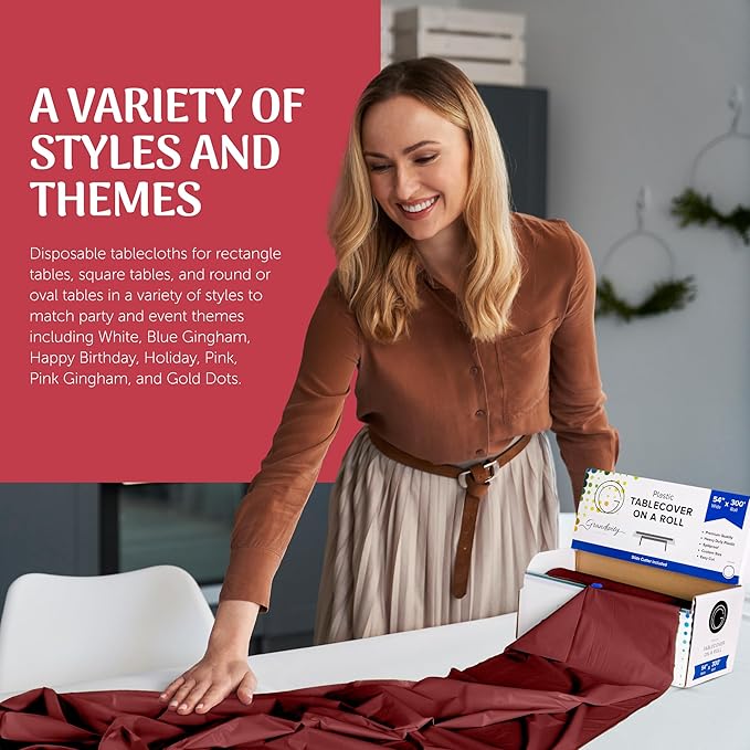 Grandipity Plastic Tablecloth Roll - 54in x 300 Ft. Burgundy Plastic Table Cloths for Parties Disposable with Cutter Box - Cut to Size Disposable Tablecloth Table Cover for Rectangle & Round