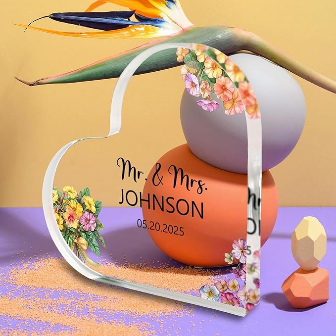 Custom Wedding Heart Acrylic Plaque,Mr & Mrs Cake Topper,Personalized Wedding Keepsake/Gift/Sign (Style 14)