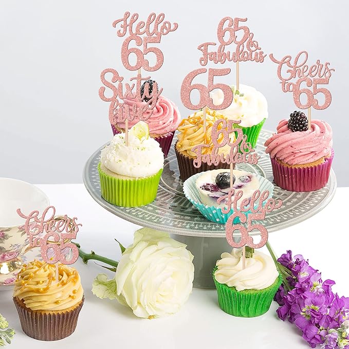 30PCS Happy 65th Birthday Cupcake Toppers Glitter Hello 65 Fabulous Sixty Five Cheers to 65 Years Old Birthday Cupcake Picks for Happy 65th Birthday Anniversary Party Cake Decor Supplies Rose Gold