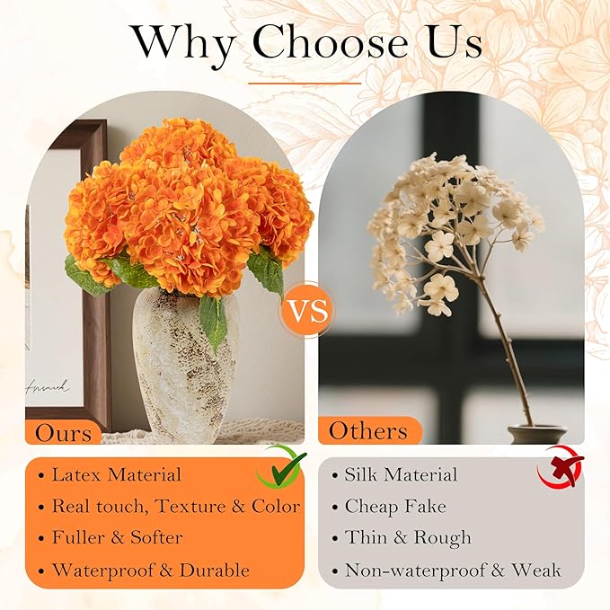 BonBloom's Fall Decor,3 Pcs Orange Hydrangea Artificial Flowers Latex Real Touch Faux Hydrangeas Lifelike Fake Hydrangea Flowers for Wedding Bouquet Party Table Centerpieces Outdoor Home Decor