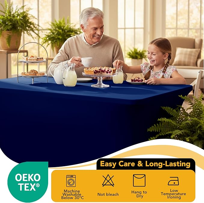 6-Pack Premium Navy Blue Spandex Tablecloths for 8ft Rectangle Tables, Stain & Wrinkle-Resistant, Washable Stretch Polyester Fitted Table Cover for Weddings, Banquets, Trade Shows Events