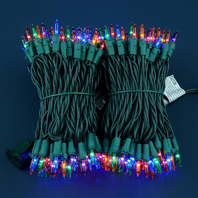 200 Multicolor Christmas Lights, Pack of 2 Strands 100 Count 33 ft Green Wire Incandescent-Style LED String Light (Multicolor)