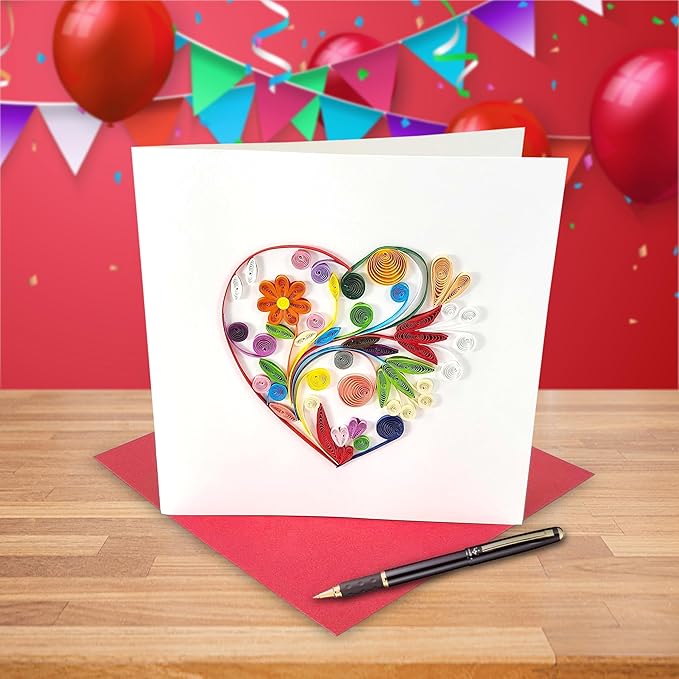 Quilled Cards - Heart Quilled Card for Women - Blank Inside Thank You or Happy Birthday Greeting Cards for Mom, Wife, Sister - 6x6 Handmade Paper Art Design with Envelope (Special Heart)
