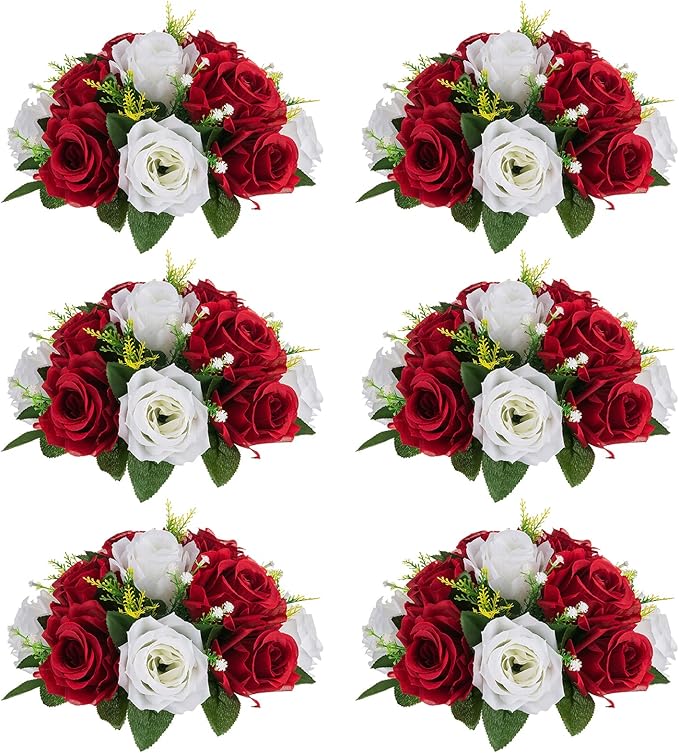 NUPTIO Artificial Flower Centrepieces for Tables - 6 Pcs Crimson & White Fake Flowers Roses Balls 9.5in Diameter - Silk Faux Rose Arrangement for Wedding Party Centerpiece Table Decorations