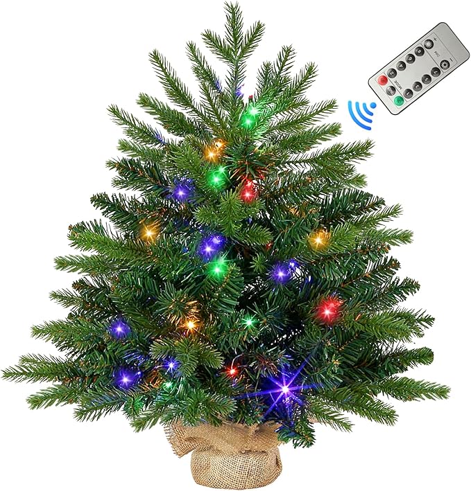 Joyhalo 2ft Small Christmas Tree with Lights Multicolor and Warm White, Pre Lit Table Top Christmas Tree with Remote, 107 Branches Mini Xmas Tree for Room Office Classroom Decoration