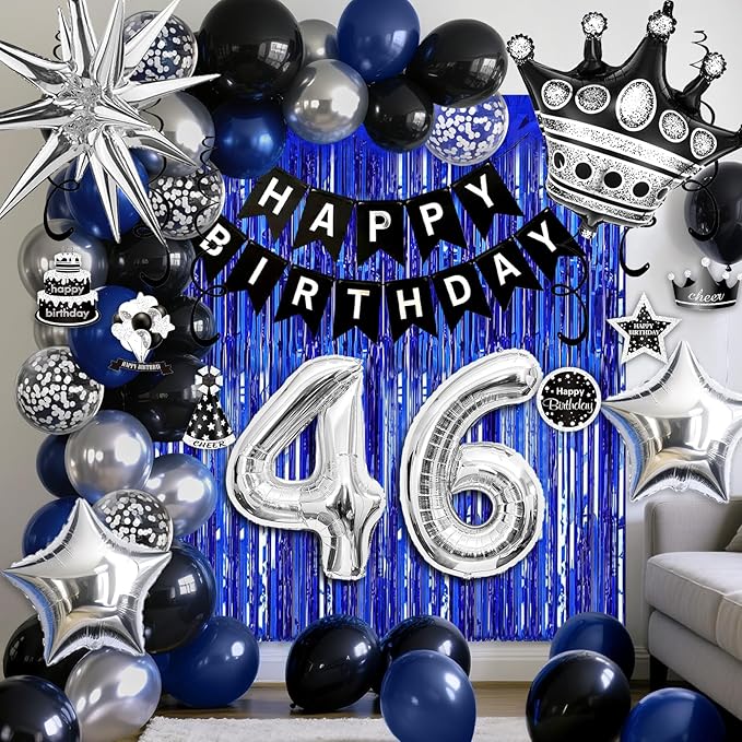 46th Birthday Decorations for Men and Women, Black Blue Silver Happy Birthday Number 46 Balloons, Banner, Fringe Curtains Garland Kit - 46 Year Old Party Supplies