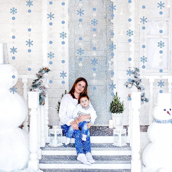 Snowflake-Snow Blue-Silver Christmas Party-Decoration Garland - 52Ft White Winter Wonderland Frozen Hanging Paper Streamers,Birthday New Year Baby Shower Supplies Classroom Decor Lasting Surprise
