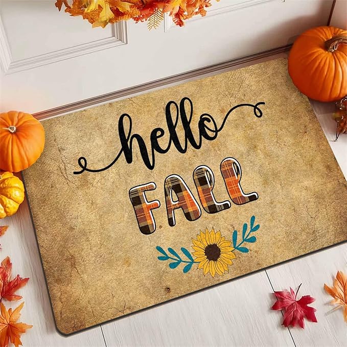 Hello Fall Doormat Thanksgiving Welcome Mat for Front Door Autumn Doormat Floor Mats Indoor Outdoor Home Living Room Kitchen Thanksgiving Decoration, 30"x18"inch