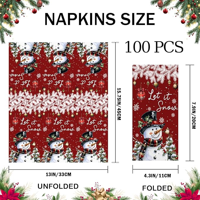 100 Pcs Christmas Paper Napkins 2 Ply Snowman Disposable Hand Towels for Bathroom Kitchen Snowman Guest Napkins for Christmas Winter Holiday Party Supplies