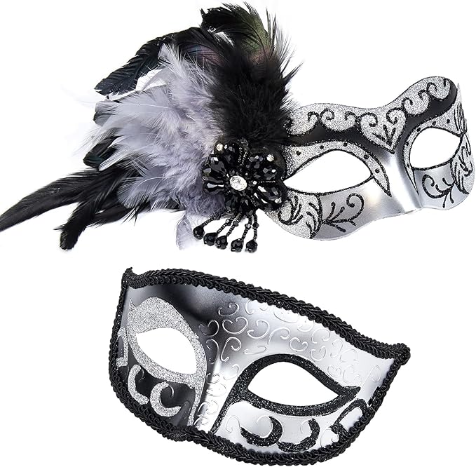 2025 New Masquerade Mask with Feather for Couples - Women's Masquerade Mask with Feather & Men Venetian Costume Mask