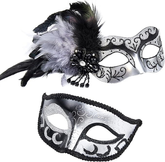 2025 New Masquerade Mask with Feather for Couples - Women's Masquerade Mask with Feather & Men Venetian Costume Mask