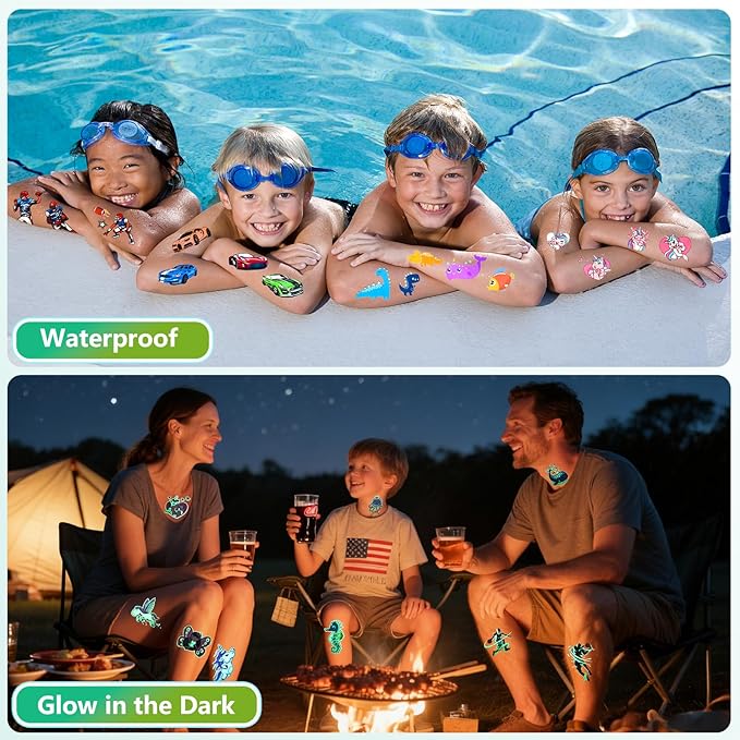 350+ Themed Designs Temporary Tattoos for Kids - Individually Wrapped, Glow in the Dark, Waterproof Fake Tattoos - Multiple Themes: Mermaid, Dinosaur, Unicorn, Baseball, Princess, Soccer, Ocean, Fairy