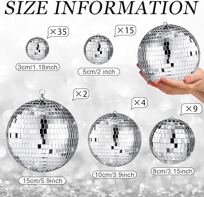 65 Pcs Disco Balls Decorations Assorted Size Disco Ball Ornament Reflective Hanging Mirror Ball Mini Large Silver Balls for Christmas Party Wedding Dance Ballroom Stage(6/4/ 2/3.15/1.2 in)