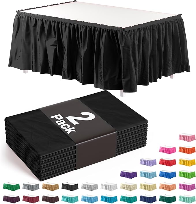 Exquisite Ruffle Table Skirt Black 2 Pack 14 Ft Long Table Skirts for Rectangle Tables 6ft Plus or Round Tables Skirts with Adhesive Strip for Gender Reveal Decor & Happy Birthday Parties