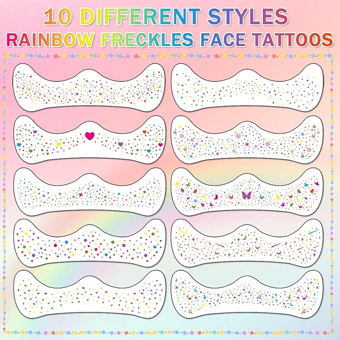 10 PCS Multi-color Glitter Freckles Facs Tattoos, Rainbow Freckles Makeup Patches, Long Lasting Glitter Temporary Tattoos for Halloween Christmas Party