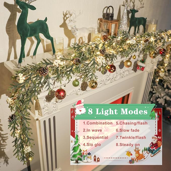 6FT Christmas Garland with Lights, Christmas Decorations Indoor Outdoor Pre-lit Artificial Pine Garland with Battery Operated Timer, Home Holiday Decor Flocked Garland for Mantel Window Stairs Wall