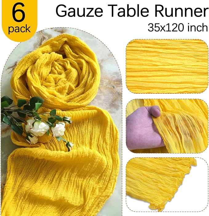 6 Pack Yellow Cheesecloth Table Runner 10FT Boho Gauze Fabric Table Runner 35 x 120 Inch Rustic Sheer Runner for Wedding Decor Baby Shower Party Boho Table Decoration(Yellow)