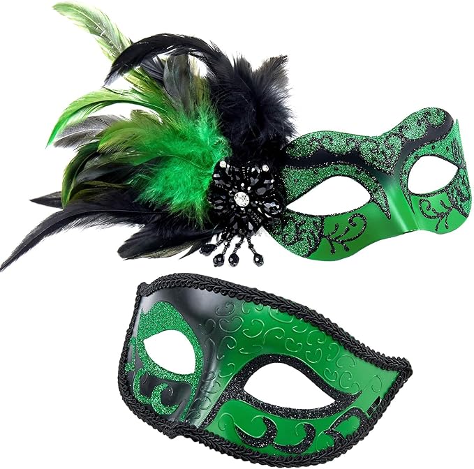 2025 New Masquerade Mask with Feather for Couples - Women's Masquerade Mask with Feather & Men Venetian Costume Mask