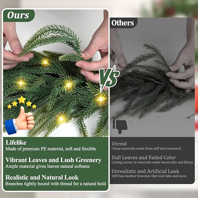 6FT Pre-lit Christmas Garland, Real Touch Lighted Norfolk Pine Garlands Battery Operated for Christmas Decorations with 35 LED RGB/WW String Lights, 8 Lighting Modes & Timer, 1 Pack