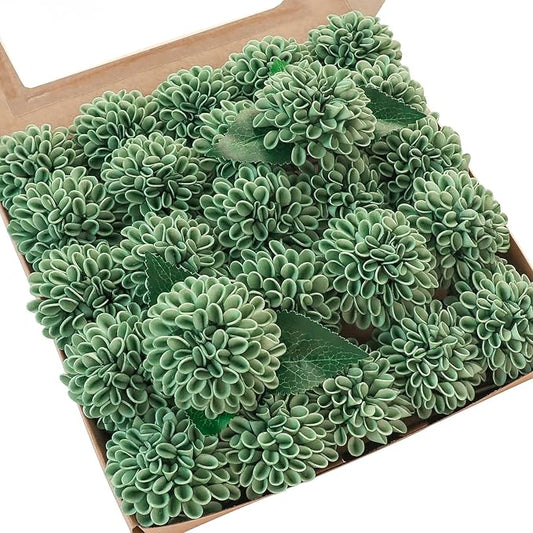 Floroom Artificial Dahlia Flowers 25pcs Real Looking Elf Green Foam Fake Roses with Stems for DIY Wedding Bouquets Bridal Shower Centerpieces Floral Arrangements Party Tables Home Decoration